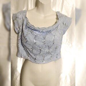 B.Darlin Baby Blue Cropped Sequin Short Sleeve  Lace Floral Zip Crop Top L